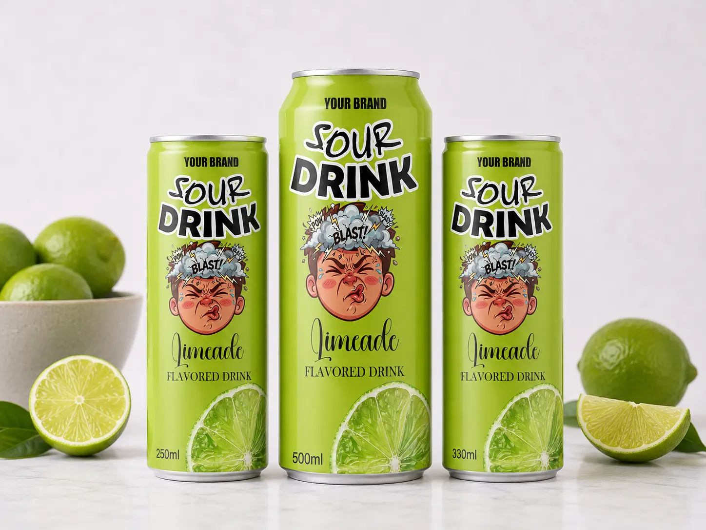 SOUR DRINK Limeade Flavored Drink in 250ml, 500ml, and 330ml cans.